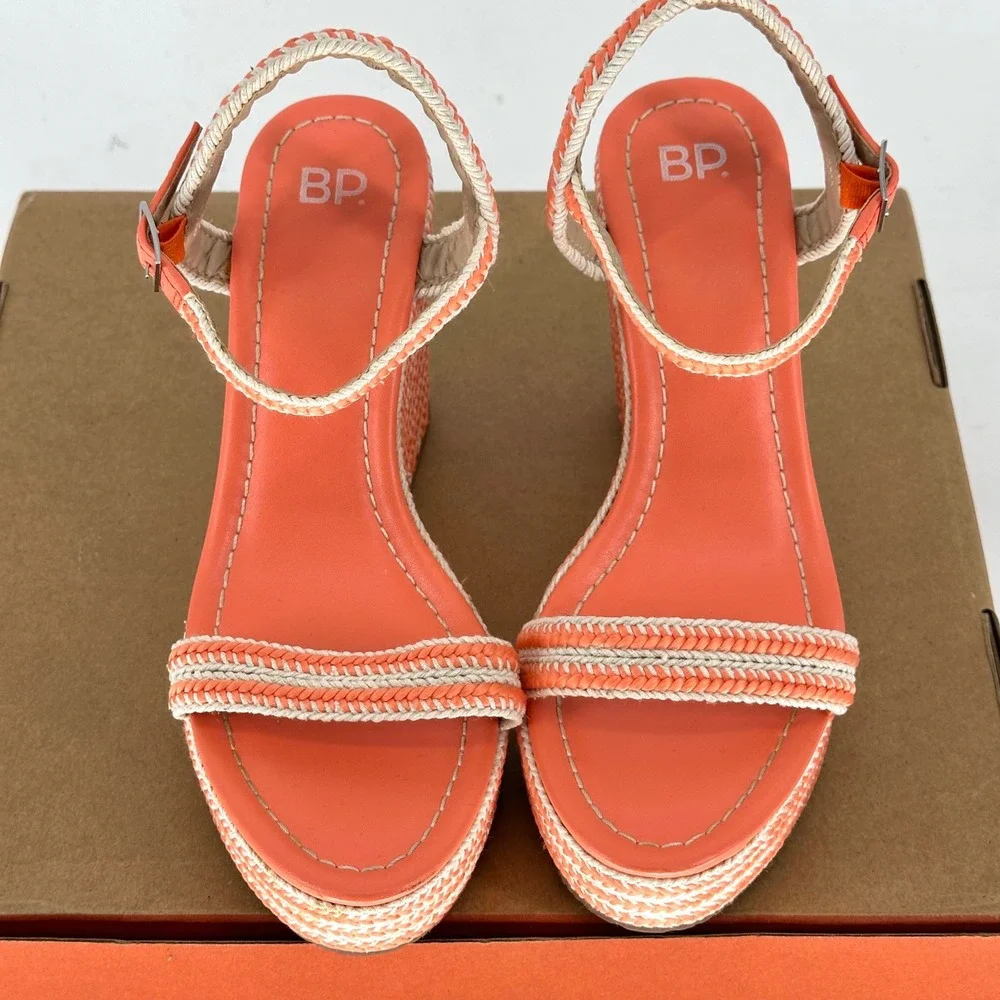 BP. Camelia Woven Orange White Wedge Sandals Buckle Ankle Summer Vacay 8 M